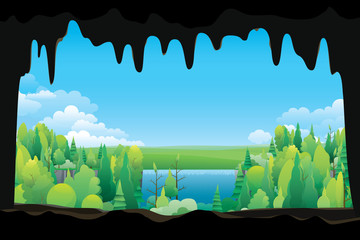 Scenery of waterfall view from inside the cave. Vector nature background