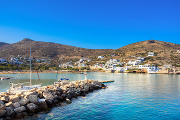 The beautiful small harbor of Sikinos island, Greece.