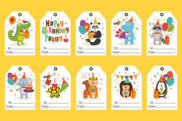 set of tags with funny animals Happy Birthday - vector illustration, eps