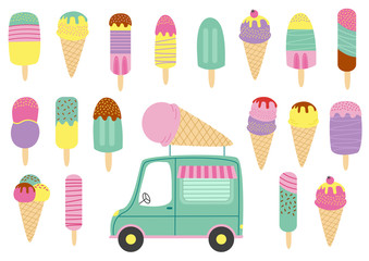 set of isolated ice cream and truck - vector illustration, eps