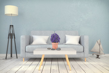 Skandinavisches, nordisches Wohnzimmer - Sofa - Couch - Textfreiraum - Platzhalter - maritime Dekoration