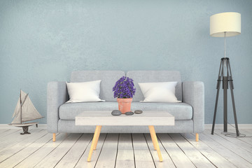 Skandinavisches, nordisches Wohnzimmer - Sofa - Couch - Textfreiraum - Platzhalter - maritime Dekoration