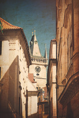 View at church in old town of Prague, Czech Republic. Image in old color style