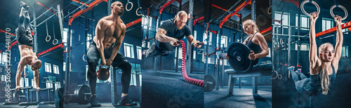 Collage about men with battle rope and woman in the fitness gym. The gym, sport, rope, training, athlete, workout, exercises concept © master1305