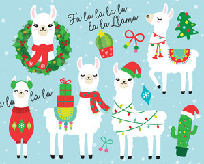 Cute llama and alpaca with Christmas holidays theme vector illustration. Llama wearing Santa hat and sweater, carrying Christmas gifts. Llama with Christmas wreath and light. Cactus with Santa hat.