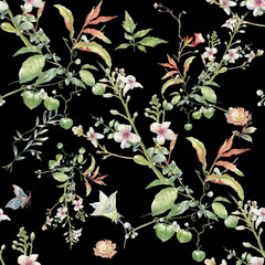 Watercolor painting of leaf and flowers, seamless pattern on dark background