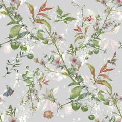 Watercolor painting of leaf and flowers, seamless pattern on gray background