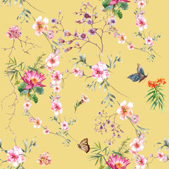 Watercolor painting of leaf and flowers, seamless pattern