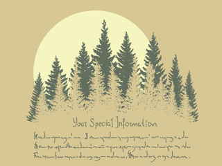 Horizontal illustration with coniferous forest and sun.