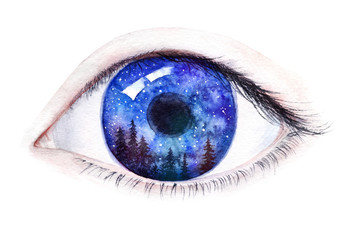 A human eye with a forest and starry sky reflecting on the iris. Watercolor illustration isolated on white.