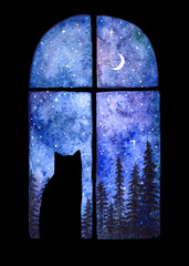 A card with a window in the night and a cat's silhouette. Spruce forest behind the window and a starry sky. Watercolor illustration.