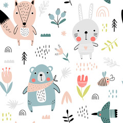 Cute forest animals seamless pattern