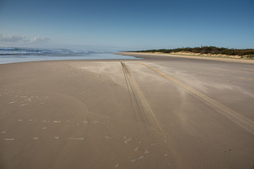 Tyre tracks on empty beach on Fraser Island, Queensland, Australia