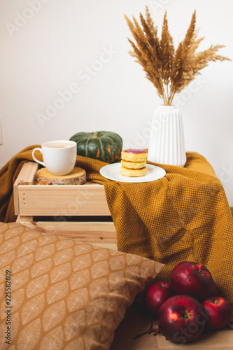 White Cup of Coffee Cappuccino Cottage Cheese Pancakes, Yellow Mustard Color Plaid, Bedroom, Autumn Concept, Cosiness © milenie
