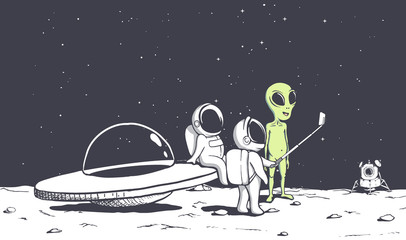 group of astronauts photographs himself with an alien .Space friends.Vector illustration