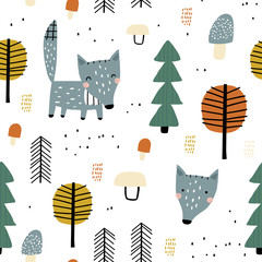 Semless woodland pattern with wolf and trees. Vector illustration. Scandinavian style. Creative hand drawn background