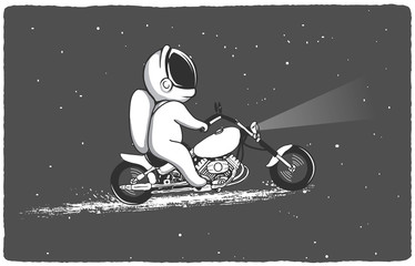 biker astronaut rides through the universe on a motorcycle.Prints design.Space theme.Vector illustration.Retro style