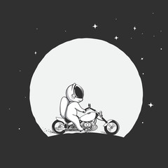 biker astronaut rides on a motorcycle on the moon background .Prints design.Space theme.Vector illustration