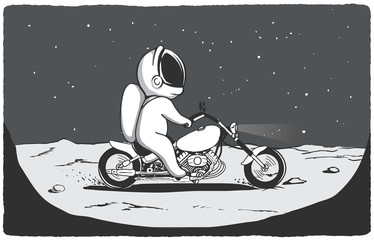 biker astronaut rides on surface of planet on a motorcycle.Prints design.Space theme.Vector illustration