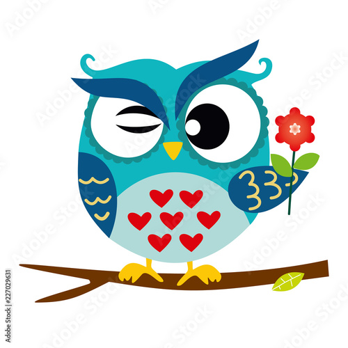 Blue Owl Sitting on a Branch with flower, Abstract Background, Cartoon Character Isolated on White Vector Illustration EPS 10 © sergfear