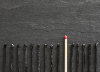 Standing out of the crowd. One fresh match in front of burned out ones.