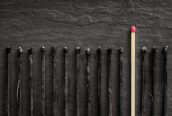 Standing out from the crowd. One match is fresh in contrast to other burned ones.