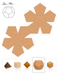 Platonic solids. Template of a dodecahedron with wooden texture to make a 3d paper model out of the triangle net.