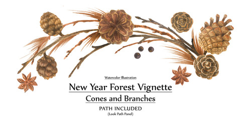 New year design vignette with branches and cones