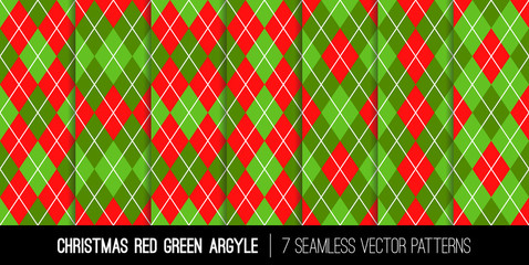 Christmas Red and Green Argyle Seamless Vector Patterns. Xmas Sweater Style Textile Prints. Classic Stockings Diamond Check Fabric Textures. Pattern Tile Swatches Included.