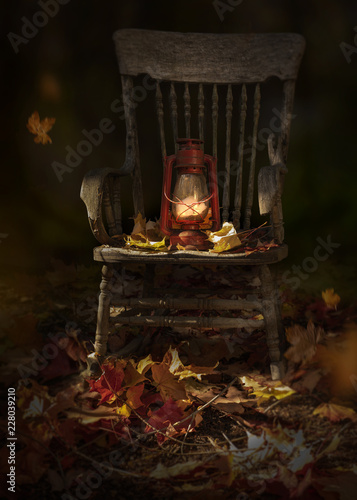 Garden scene with fall leaves, rustic oil lamp on vintage wooden chair © marina