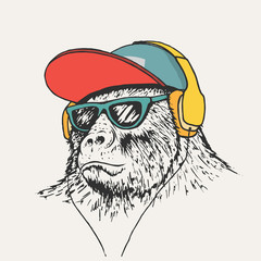 gorilla listening music in headphones.Hand drawn vector illustration.Prints design for t-shirts