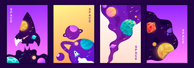 set of vector banners. space trip. universe. colorful templates for covers, flyers, posters.