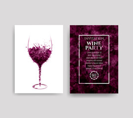 Illustration of glass with red wine stains. Background spots of wine drops. Templates for wine lists, flyer, promotions, invitations.