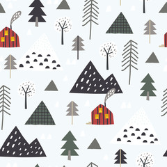 Snowy mountain seamless pattern. Perfect for cards, invitations, wallpaper, banners, kindergarten, baby shower, children room decoration. Scandinavian landscape.
