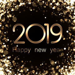 Golden shiny Happy New Year 2019 card with bokeh background.