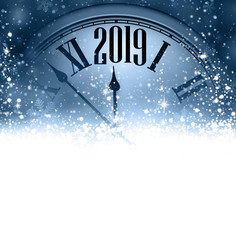 Blue 2019 New Year background with clock. Greeting card.