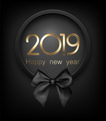 Happy New Year 2019 card with black satin bow.