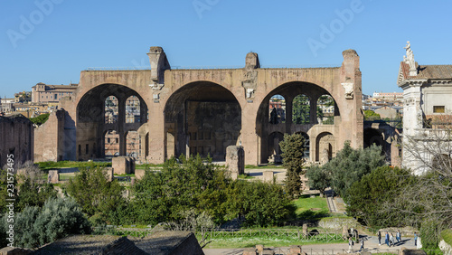 Zdjęcie XXL Widok na Forum Romanum i miasto Rzym z Palatynu. Forum z sąsiednimi budynkami znajduje się w centrum starożytnego Rzymu. Świątynie, łuki, bazyliki i inne budynki.