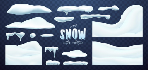 Vector collection of snow caps, pile, icicles, isolated on background, transparent, ice, snowball and snowdrift. 3d Winter decorations, Christmas, snow texture, white elements, holiday design.