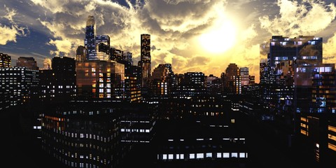 Modern city at sunset, panorama of the evening city, night city
