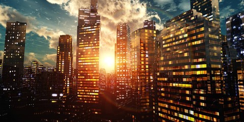 Modern city at sunset, panorama of the evening city, night city

