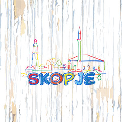 Colorful Skopje drawing on wooden background