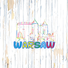 Colorful Warsaw drawing on wooden background