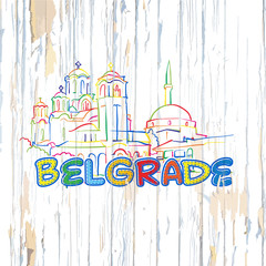 Colorful Belgrade drawing on wooden background