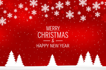 A red christmas background with snowflakes and greetings: Merry Christmas and Happy New Year.