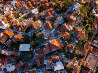Aerial view of the roofs houses on Poros island, Greece.