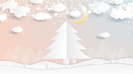 Christmas Tree in Paper Cut Style. Winter Forest with Moon and Clouds.