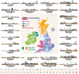 vector set of British Isles countries cities skylines abstract icons. Map and flags of British Isles: United Kingdom (England, Wales, Scotland, Northern Ireland) and Republic of Ireland