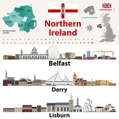 Northern Ireland counties map and largest cities skylines. Vector set