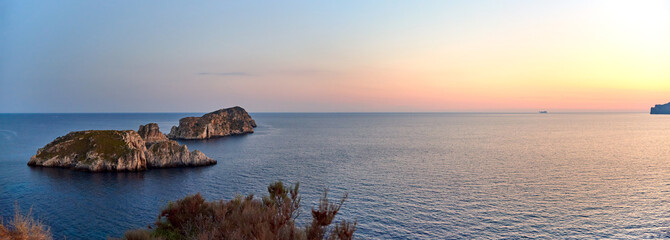 Spain. Mallorca. Sunset over the entrance to Santa Ponsa Bay